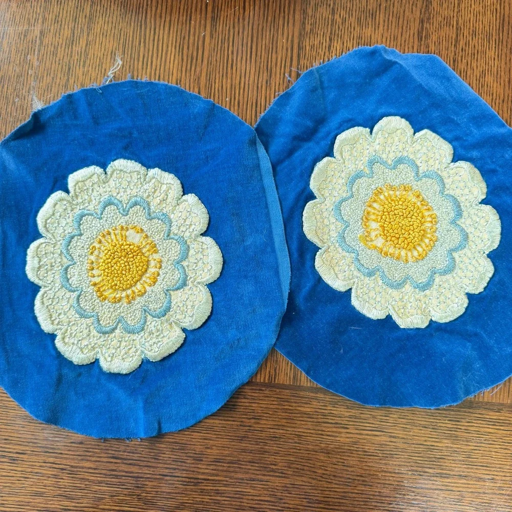 Vintage Floral Embroidered Velvet Patches Blue Yellow Flower Applique 2pc Set